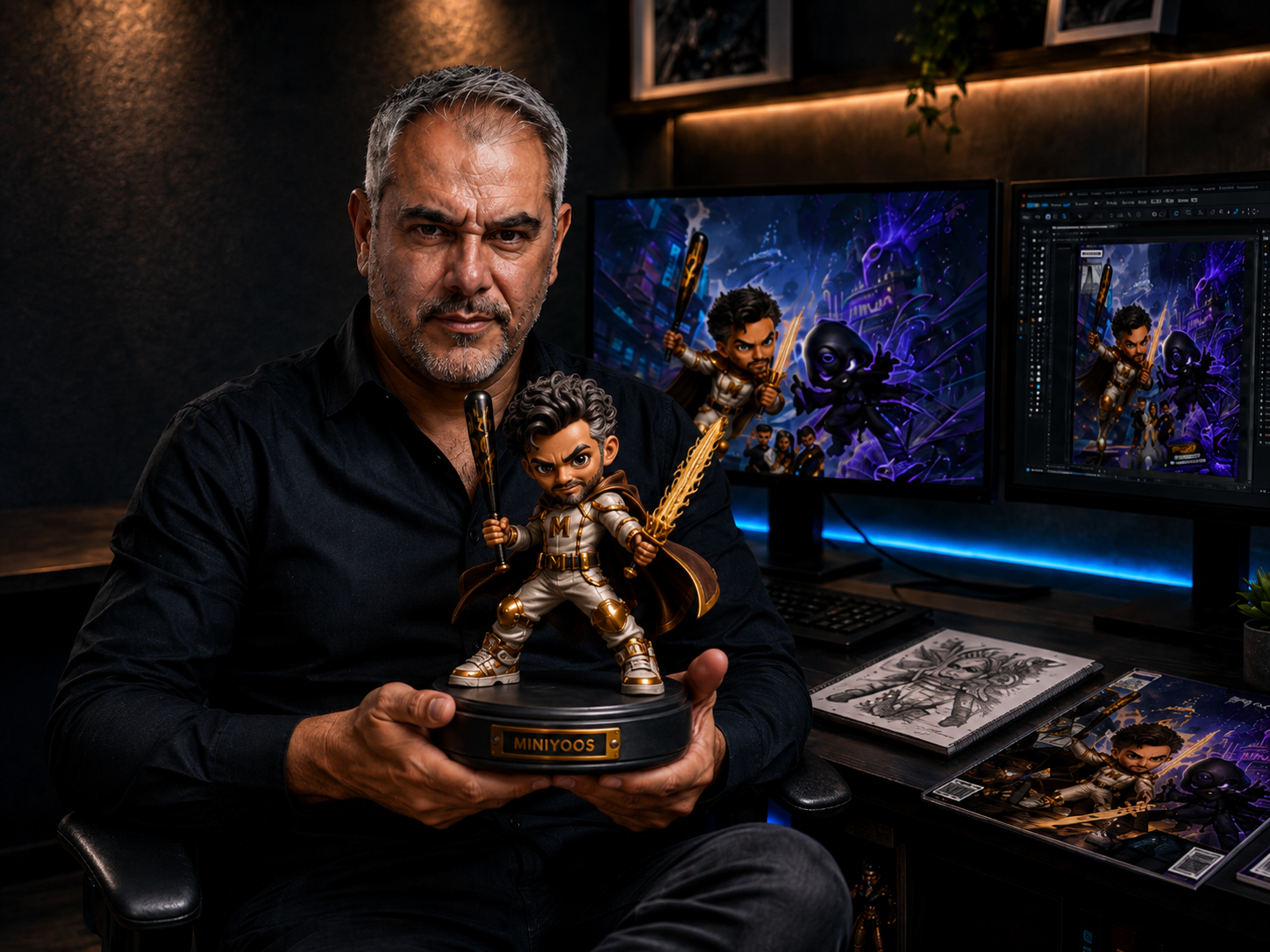 William Contreras Gálvez sosteniendo una figura coleccionable MiniYoos en su estudio de diseño